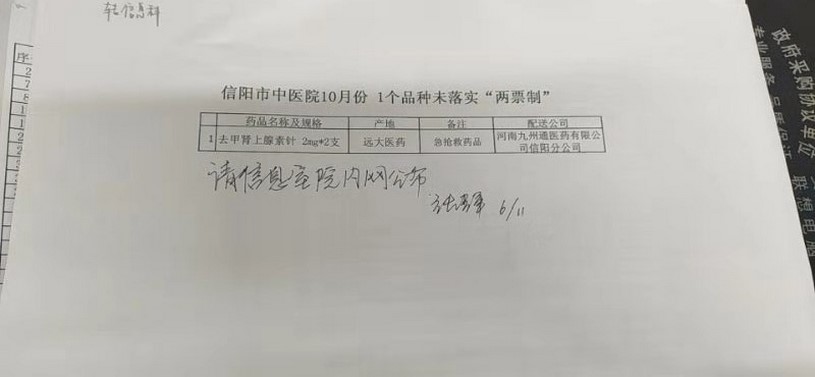 信陽市中醫(yī)院10月份1個品種未落實(shí)“兩票制”