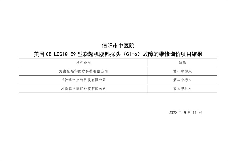 信陽(yáng)市中醫(yī)院美國(guó) GE LOGIQ E9型彩超機(jī)腹部探頭（C1-6）故障的維修詢價(jià)項(xiàng)目結(jié)果